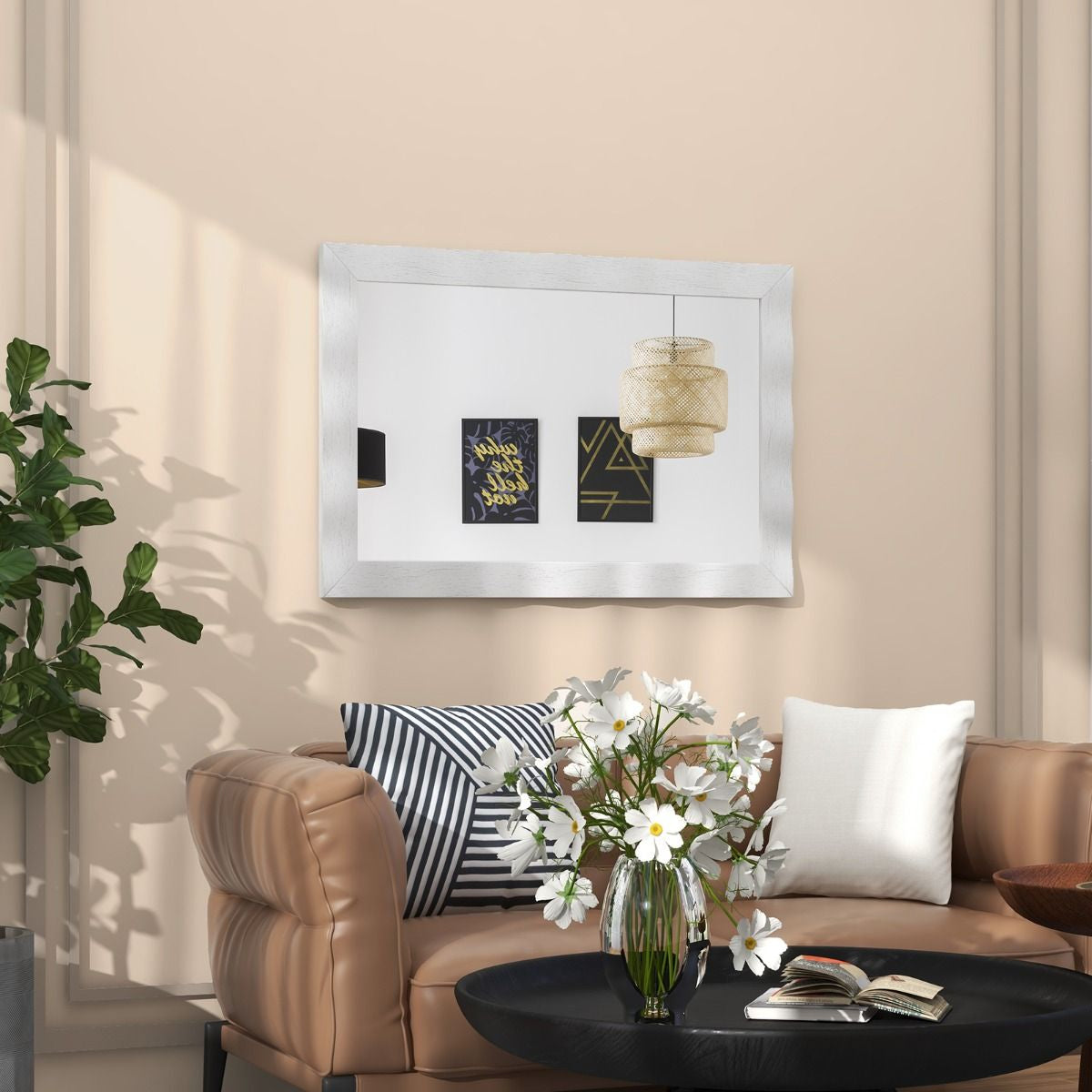 Miroir Mural 106X71,5Cm Miroir En Bois De Caoutchouc Style Rustique Avec Cadre En Bois Massif Miroir Rectangulaire De Vanité Blanc/Noir