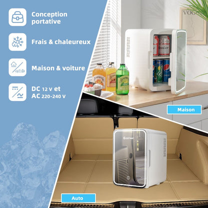 Mini Réfrigérateur De Maquillage Portable 10L Miroir LED Etagères Amovibles 12V DC/220V AC Refroidisseur Thermoélectrique