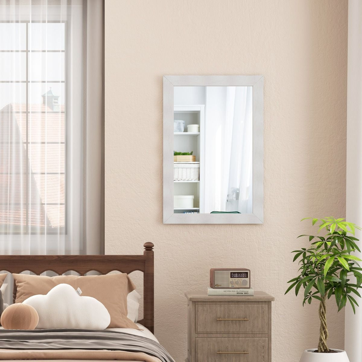 Miroir Mural 106X71,5Cm Miroir En Bois De Caoutchouc Style Rustique Avec Cadre En Bois Massif Miroir Rectangulaire De Vanité Blanc/Noir