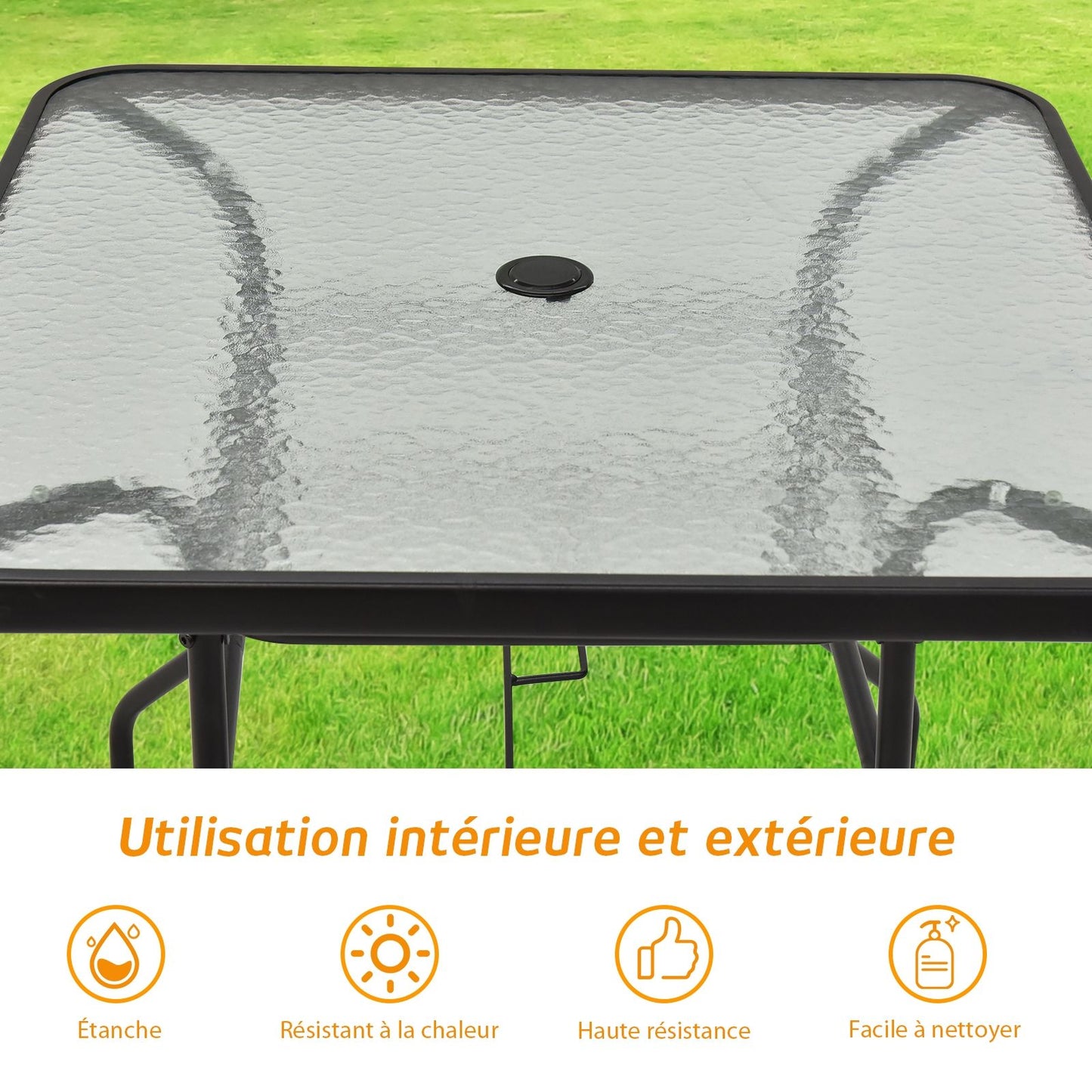 Table De Jardin Carrée En Métal Avec Plateau En Verre 81 X 81 X 71 CM De Style Moderne Pour Terrasse Balcon Et Cour Noir