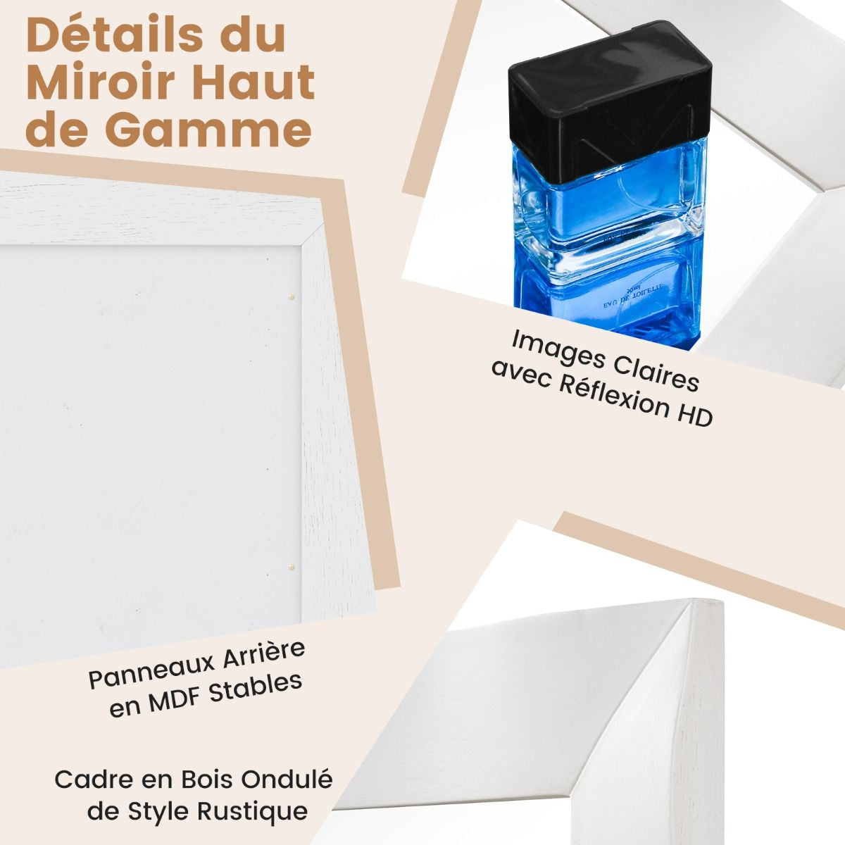 Miroir Mural 106X71,5Cm Miroir En Bois De Caoutchouc Style Rustique Avec Cadre En Bois Massif Miroir Rectangulaire De Vanité Blanc/Noir