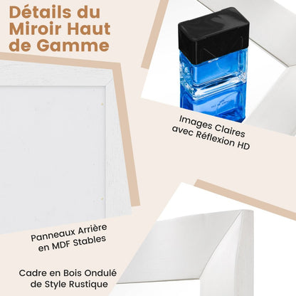 Miroir Mural 106X71,5Cm Miroir En Bois De Caoutchouc Style Rustique Avec Cadre En Bois Massif Miroir Rectangulaire De Vanité Blanc/Noir