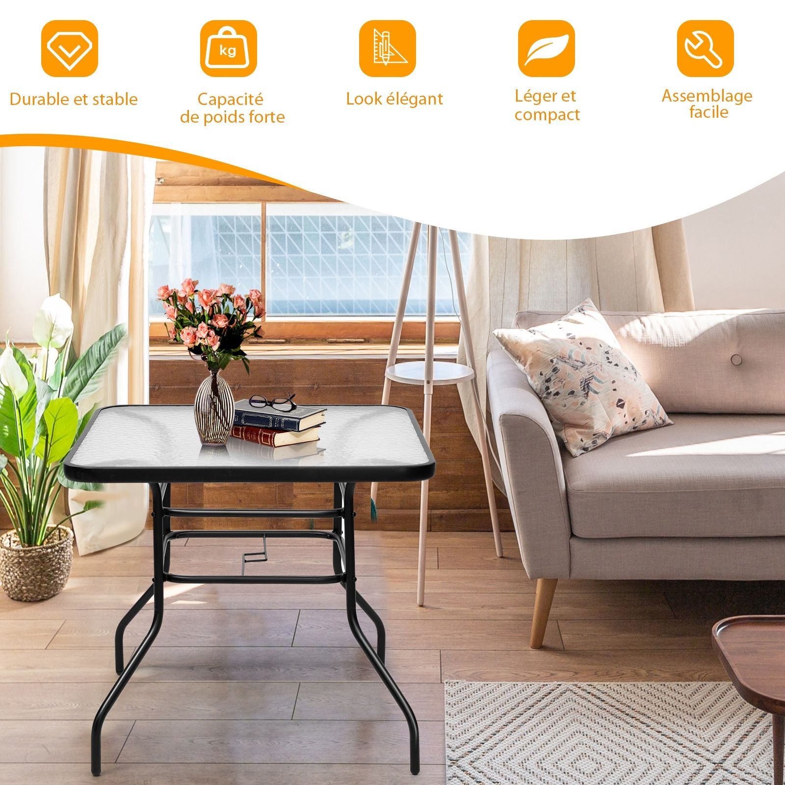 Table De Jardin Carrée En Métal Avec Plateau En Verre 81 X 81 X 71 CM De Style Moderne Pour Terrasse Balcon Et Cour Noir