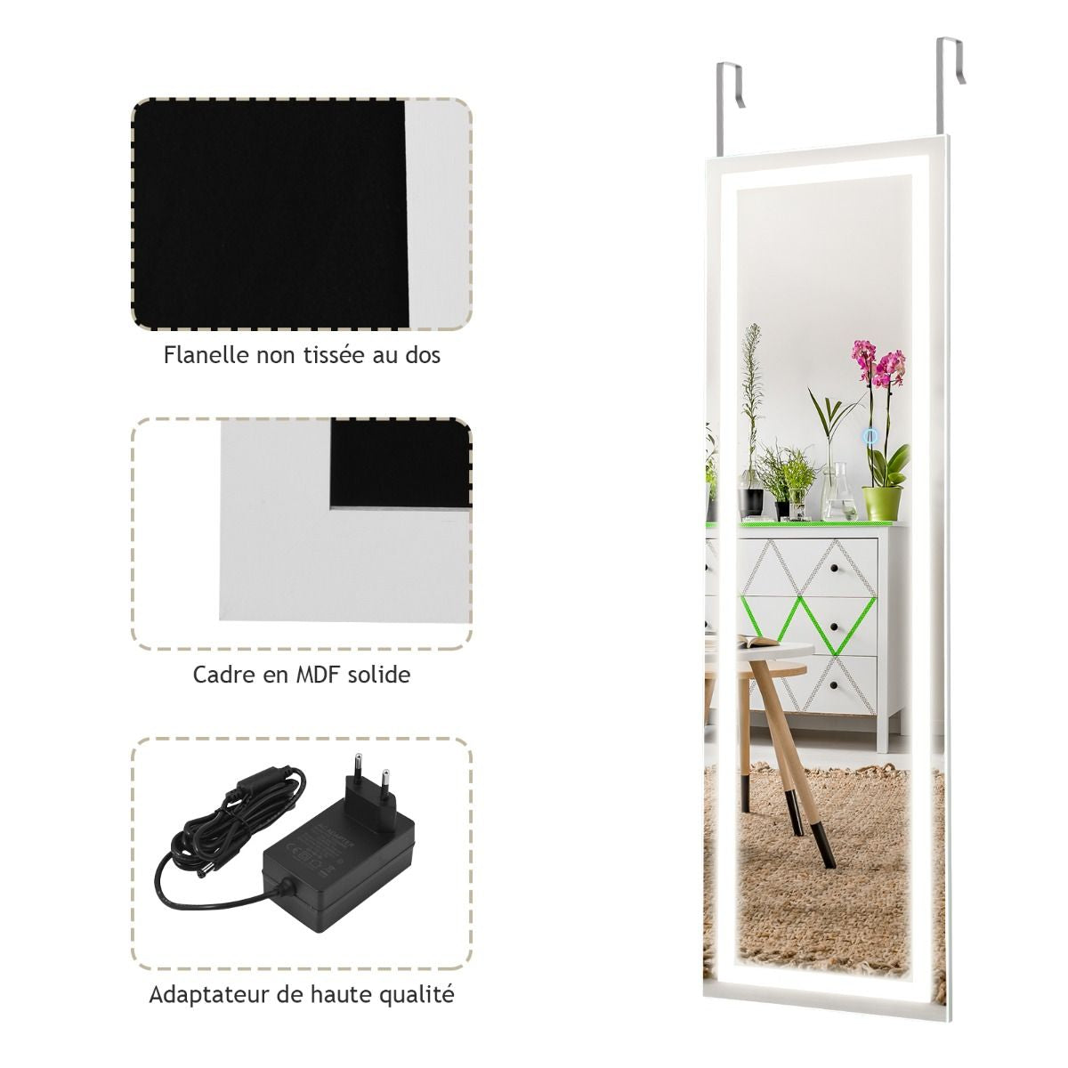 Miroir Mural LED Miroir Pleine Longueur Lumineux À 3 Couleurs Cadre En MDF 120 X 37Cm Blanc