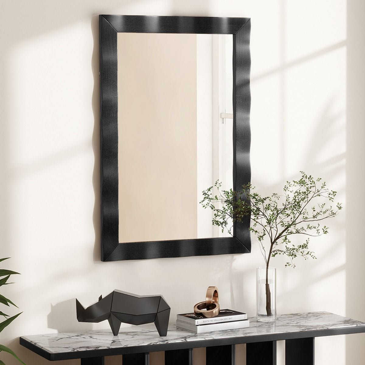 Miroir Mural 106X71,5Cm Miroir En Bois De Caoutchouc Style Rustique Avec Cadre En Bois Massif Miroir Rectangulaire De Vanité Blanc/Noir