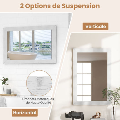 Miroir Mural 106X71,5Cm Miroir En Bois De Caoutchouc Style Rustique Avec Cadre En Bois Massif Miroir Rectangulaire De Vanité Blanc/Noir