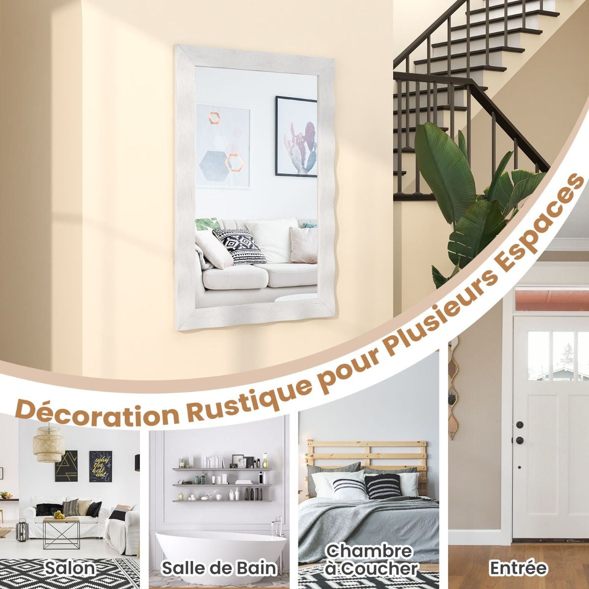 Miroir Mural 106X71,5Cm Miroir En Bois De Caoutchouc Style Rustique Avec Cadre En Bois Massif Miroir Rectangulaire De Vanité Blanc/Noir