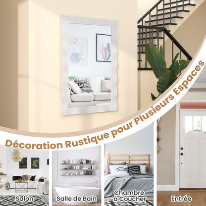 Miroir Mural 106X71,5Cm Miroir En Bois De Caoutchouc Style Rustique Avec Cadre En Bois Massif Miroir Rectangulaire De Vanité Blanc/Noir