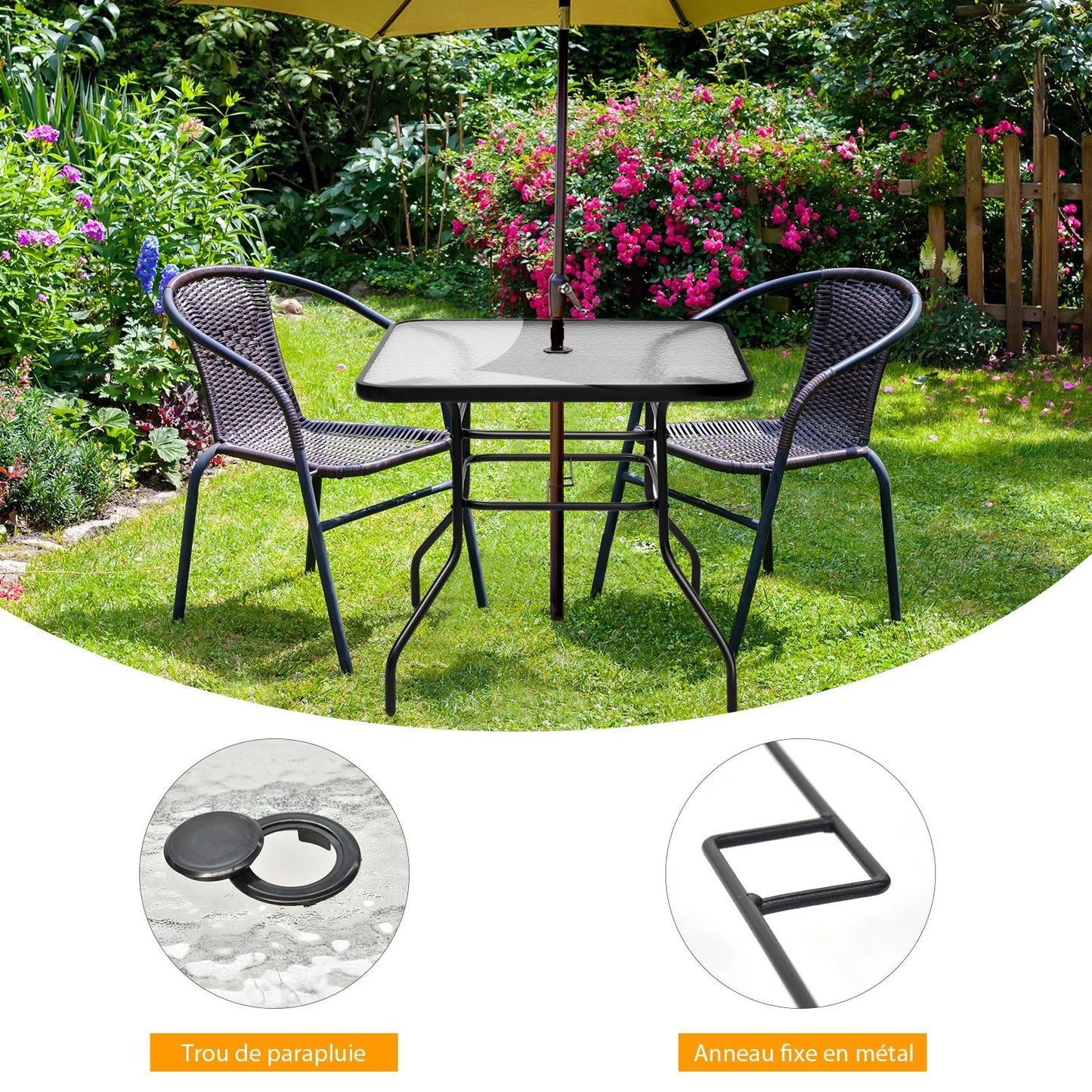 Table De Jardin Carrée En Métal Avec Plateau En Verre 81 X 81 X 71 CM De Style Moderne Pour Terrasse Balcon Et Cour Noir