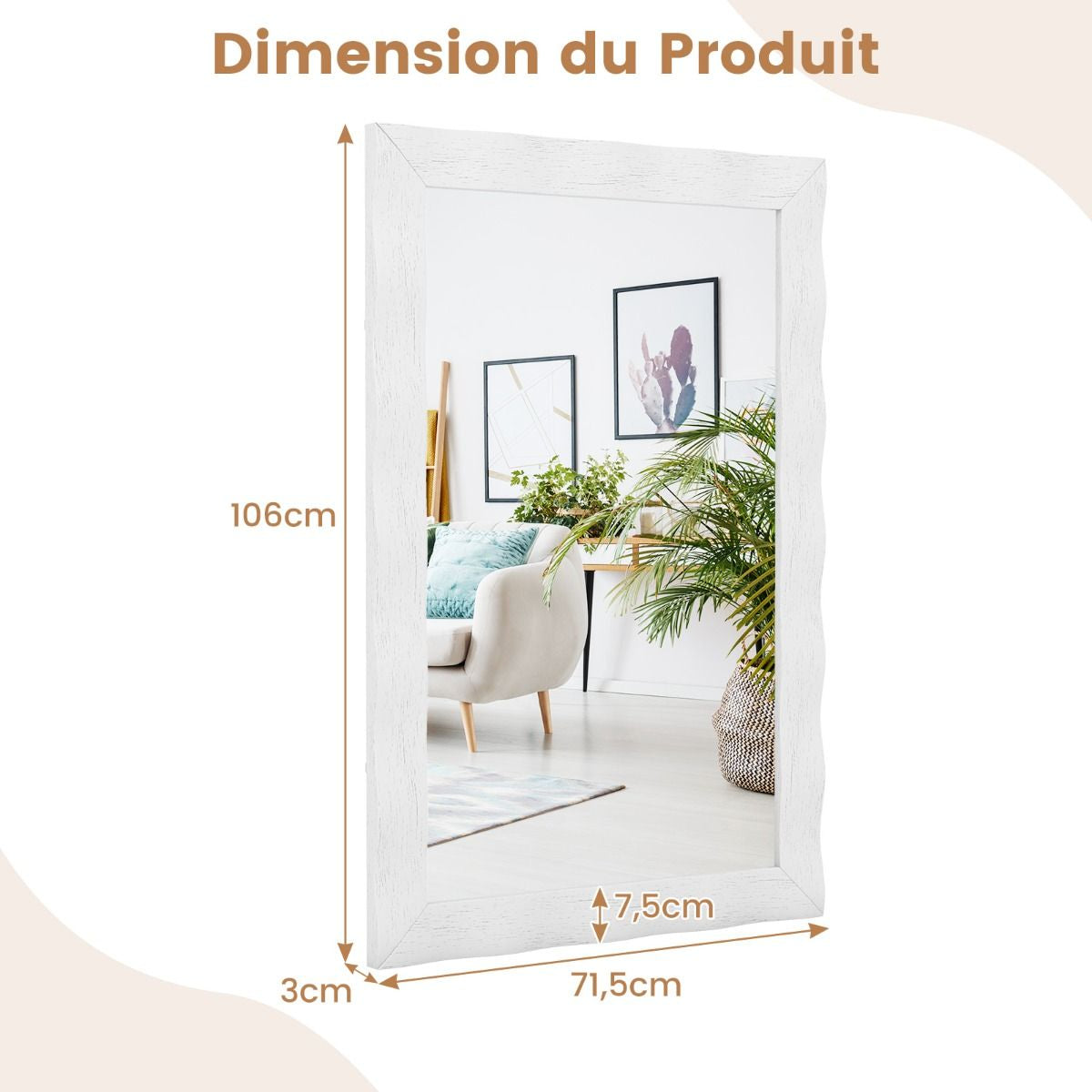 Miroir Mural 106X71,5Cm Miroir En Bois De Caoutchouc Style Rustique Avec Cadre En Bois Massif Miroir Rectangulaire De Vanité Blanc/Noir