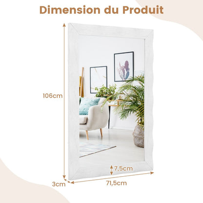 Miroir Mural 106X71,5Cm Miroir En Bois De Caoutchouc Style Rustique Avec Cadre En Bois Massif Miroir Rectangulaire De Vanité Blanc/Noir