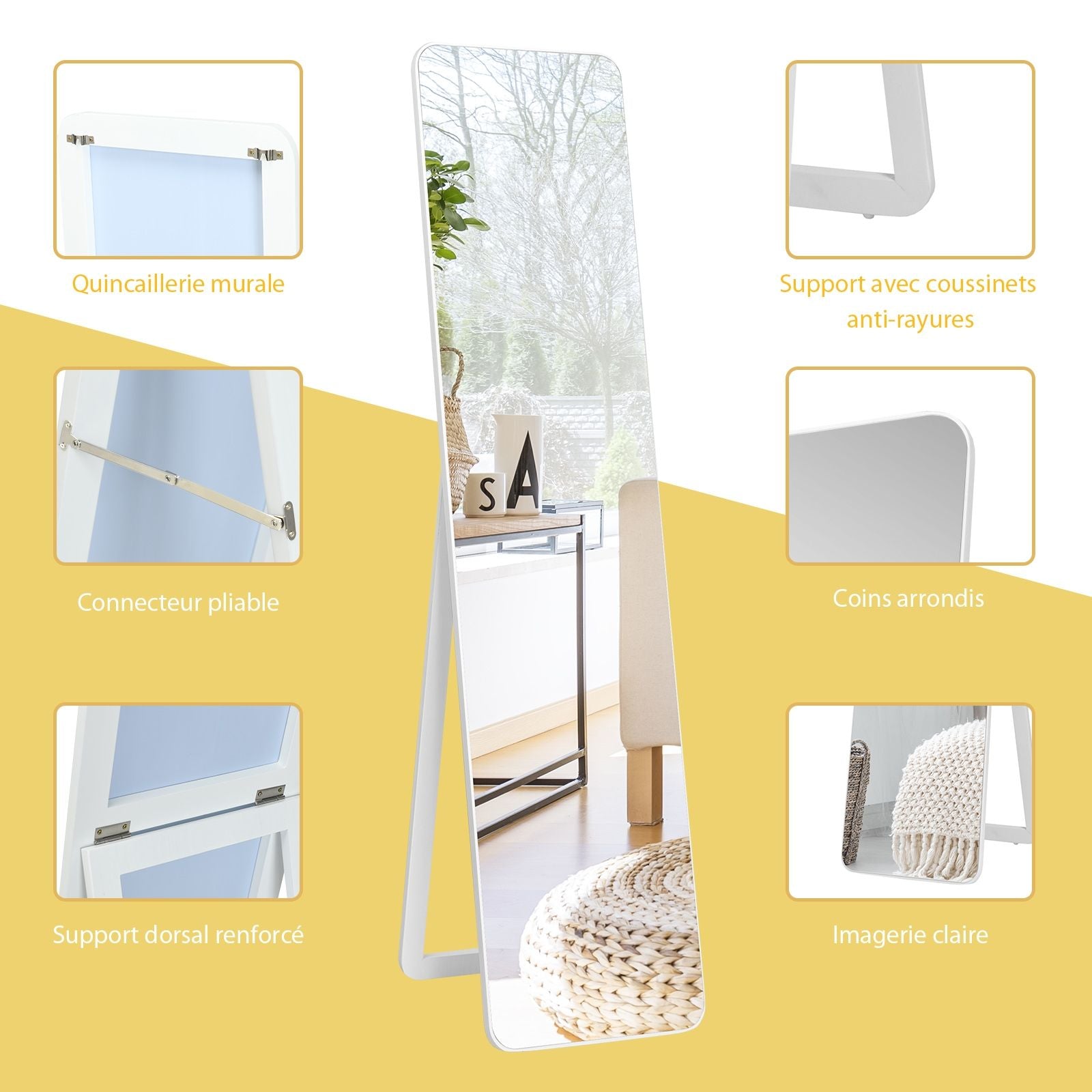 Miroir Autoportant Rectangulaire Pleine Longueur Cadre En Bois Massif 160 X 37Cm Blanc