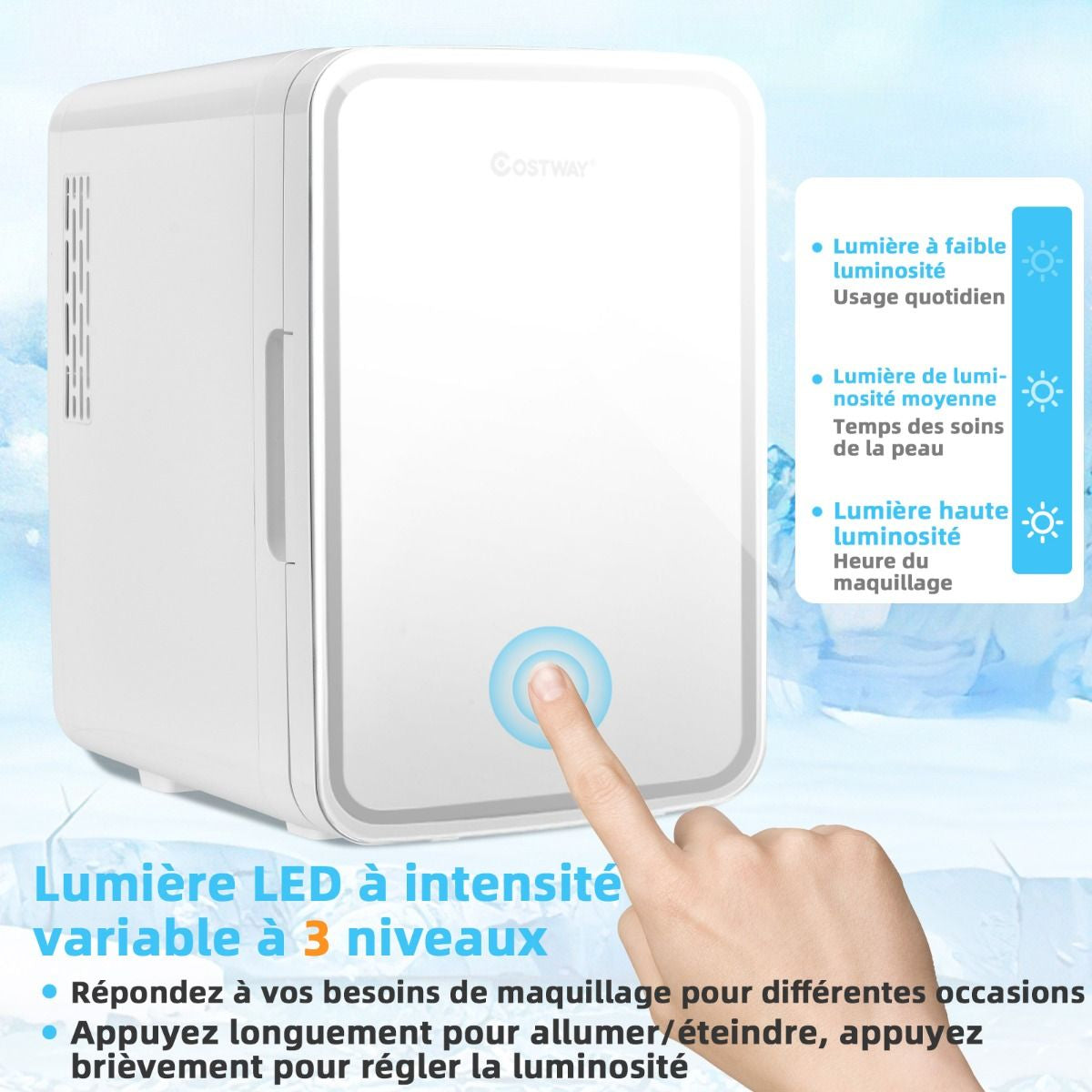 Mini Réfrigérateur De Maquillage Portable 10L Miroir LED Etagères Amovibles 12V DC/220V AC Refroidisseur Thermoélectrique