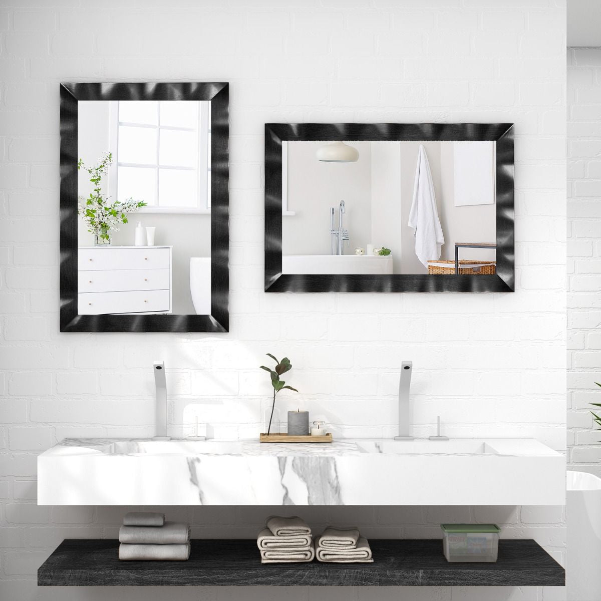 Miroir Mural 106X71,5Cm Miroir En Bois De Caoutchouc Style Rustique Avec Cadre En Bois Massif Miroir Rectangulaire De Vanité Blanc/Noir