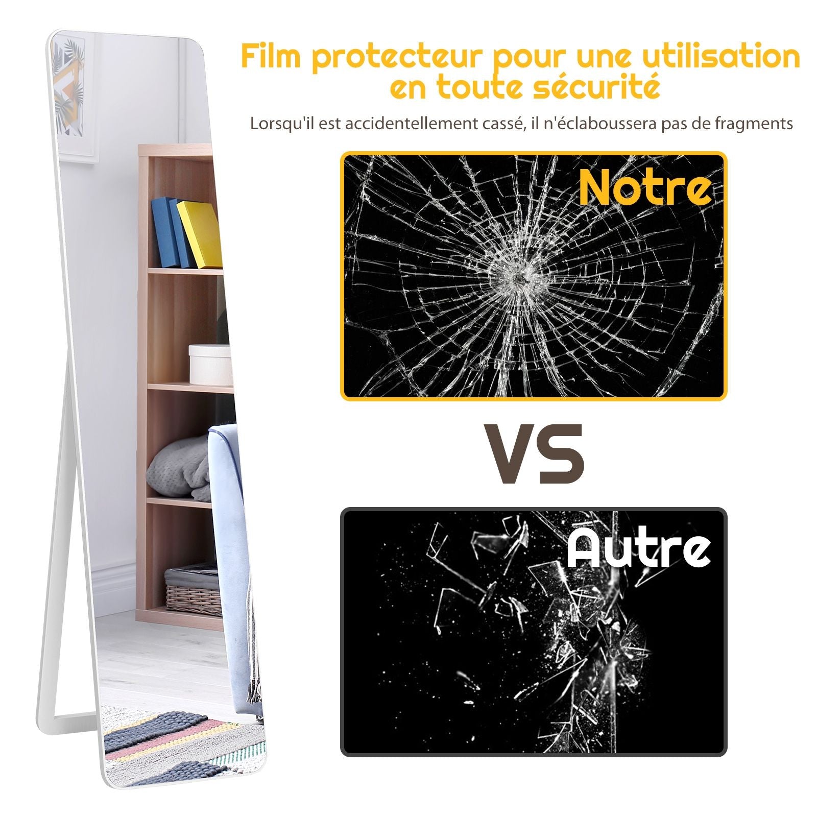 Miroir Autoportant Rectangulaire Pleine Longueur Cadre En Bois Massif 160 X 37Cm Blanc