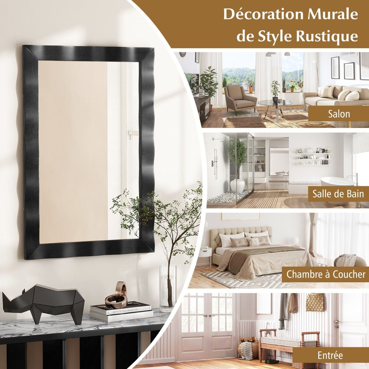 Miroir Mural 106X71,5Cm Miroir En Bois De Caoutchouc Style Rustique Avec Cadre En Bois Massif Miroir Rectangulaire De Vanité Blanc/Noir