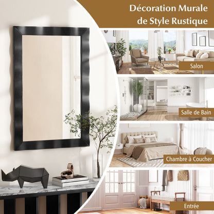 Miroir Mural 106X71,5Cm Miroir En Bois De Caoutchouc Style Rustique Avec Cadre En Bois Massif Miroir Rectangulaire De Vanité Blanc/Noir