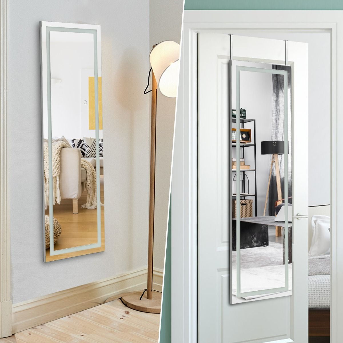 Miroir Mural LED Miroir Pleine Longueur Lumineux À 3 Couleurs Cadre En MDF 120 X 37Cm Blanc