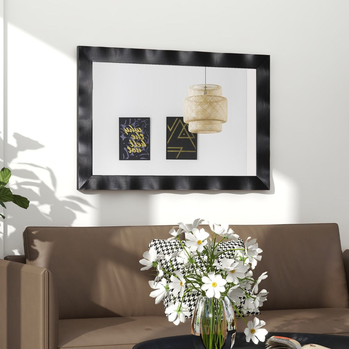 Miroir Mural 106X71,5Cm Miroir En Bois De Caoutchouc Style Rustique Avec Cadre En Bois Massif Miroir Rectangulaire De Vanité Blanc/Noir