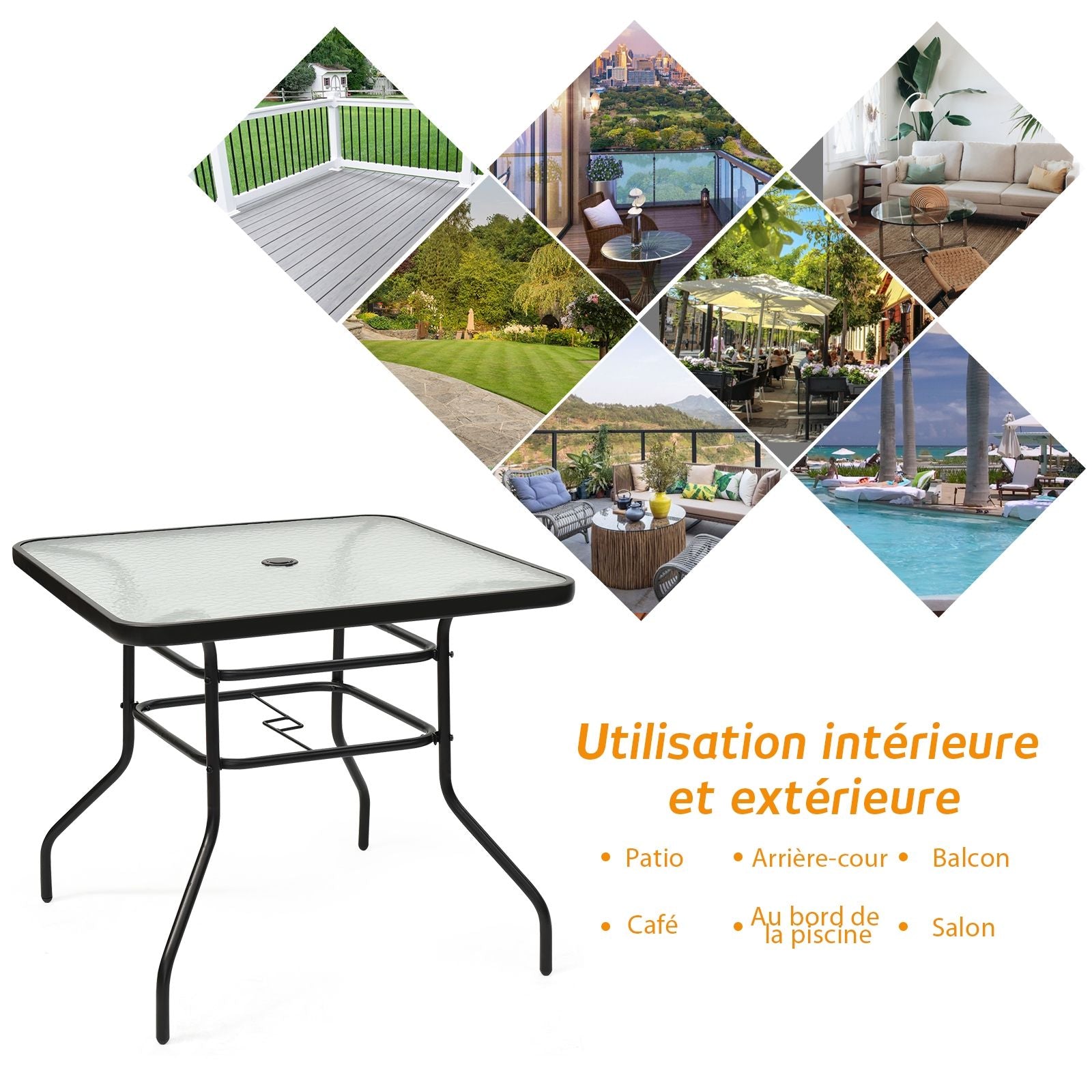 Table De Jardin Carrée En Métal Avec Plateau En Verre 81 X 81 X 71 CM De Style Moderne Pour Terrasse Balcon Et Cour Noir