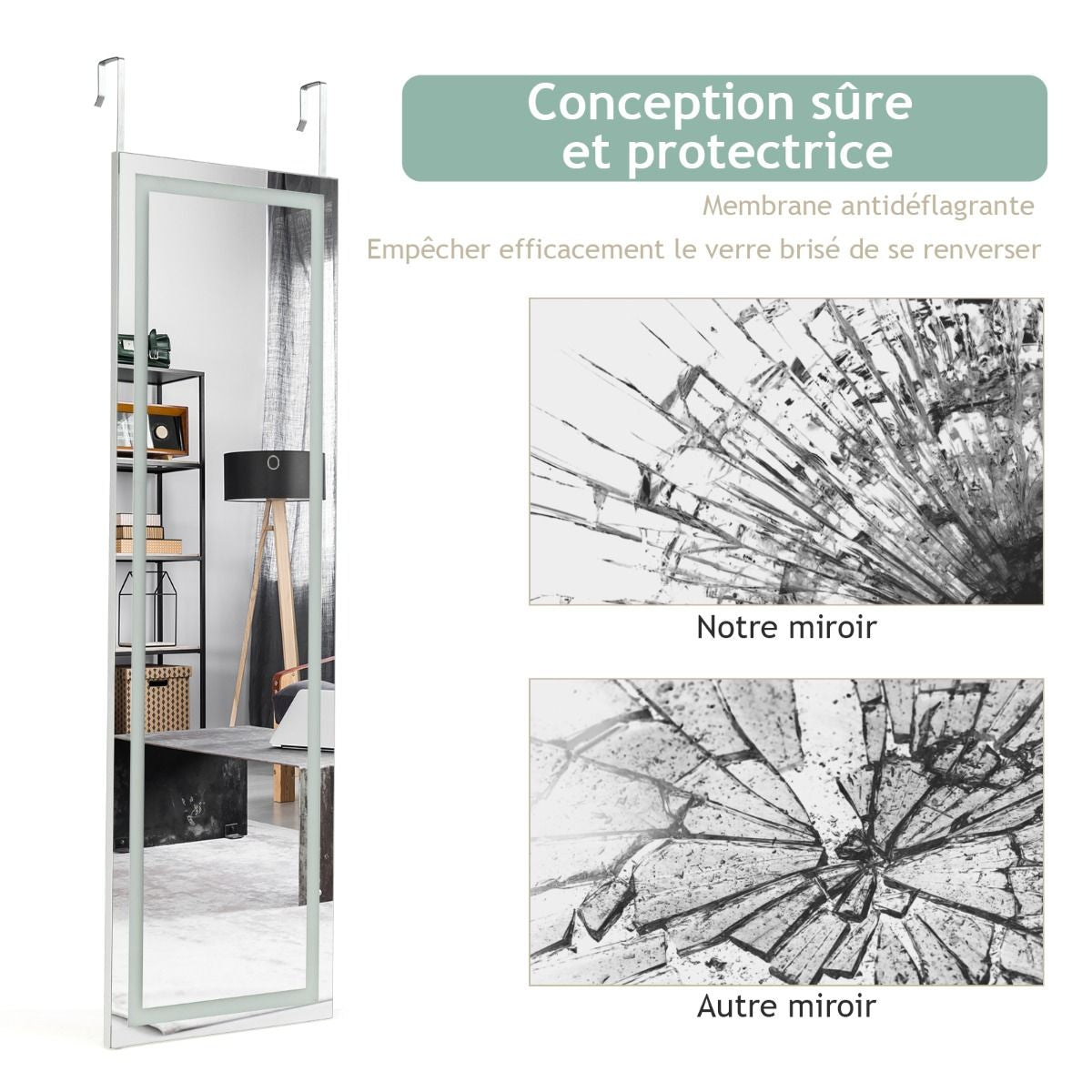 Miroir Mural LED Miroir Pleine Longueur Lumineux À 3 Couleurs Cadre En MDF 120 X 37Cm Blanc