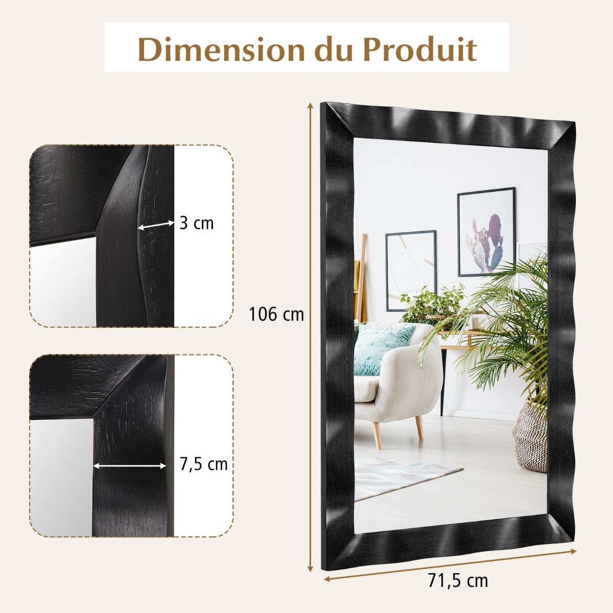 Miroir Mural 106X71,5Cm Miroir En Bois De Caoutchouc Style Rustique Avec Cadre En Bois Massif Miroir Rectangulaire De Vanité Blanc/Noir